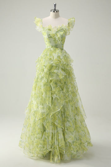 Dusty Sage Floral Ruffled A-Line Square Neck Long Ball Dress